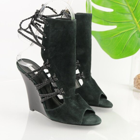 SCHUTZ Womens Camurca Cabra Sandal Size 8 Black Suede Wedge Heel Ankle Wrap Tie - Picture 11 of 11